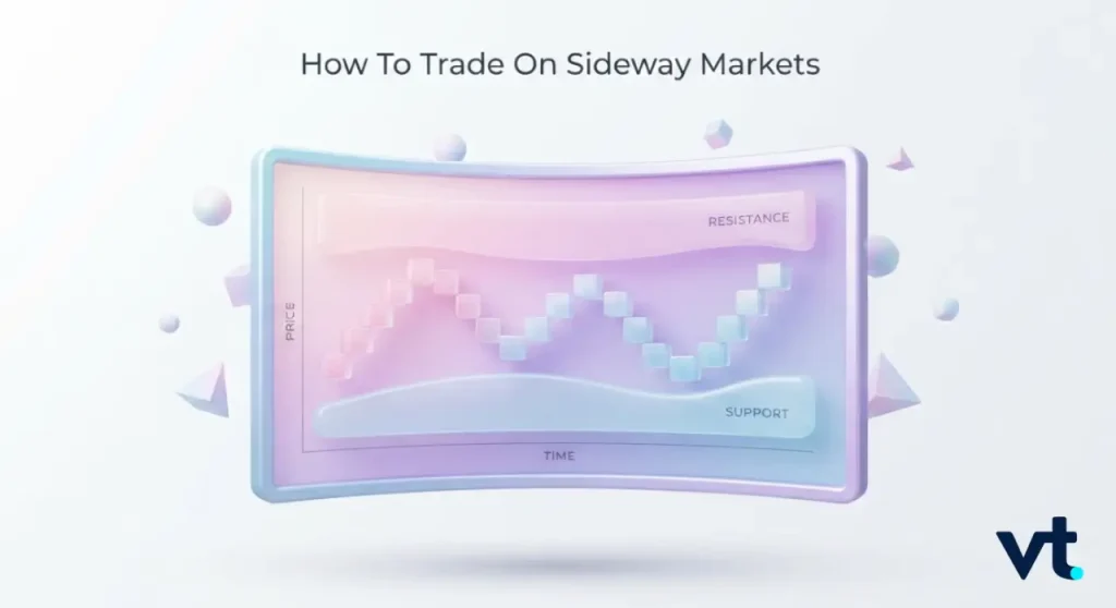 VT Markets Pastel 3D monitor displaying a price time chart with resistance and support labels titled How To Trade On Sideway Markets with VT logo at corner