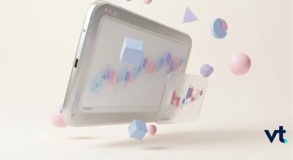 VT Markets Tablet displaying colorful candlestick charts with a floating translucent card surrounded by pastel 3D shapes VT logo bottom right