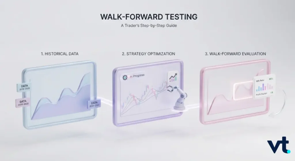 VT Markets Walk forward testing infographic showing steps 1 Historical Data 2 Strategy Optimization 3 Walk Forward Evaluation with charts and a robotic arm vt logo bottom right