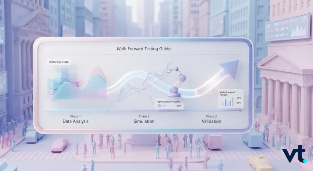 VT Markets Large futuristic display titled Walk Forward Testing Guide showing Data Analysis Simulation Validation with a rising arrow