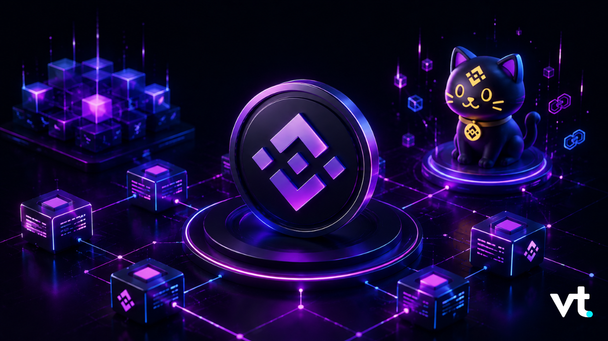 Neon blockchain scene with a central purple token on a glowing platform surrounded by interconnected cubes and a cat statue in the background