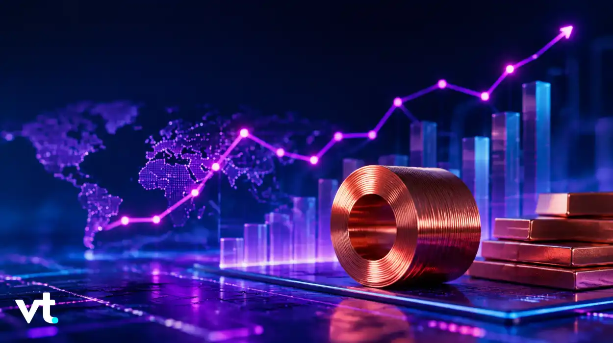 CopperC12Aug VT Markets Copper coil and stacked gold bars on a glowing financial chart with a rising trend line over a world map backdrop in purple hues