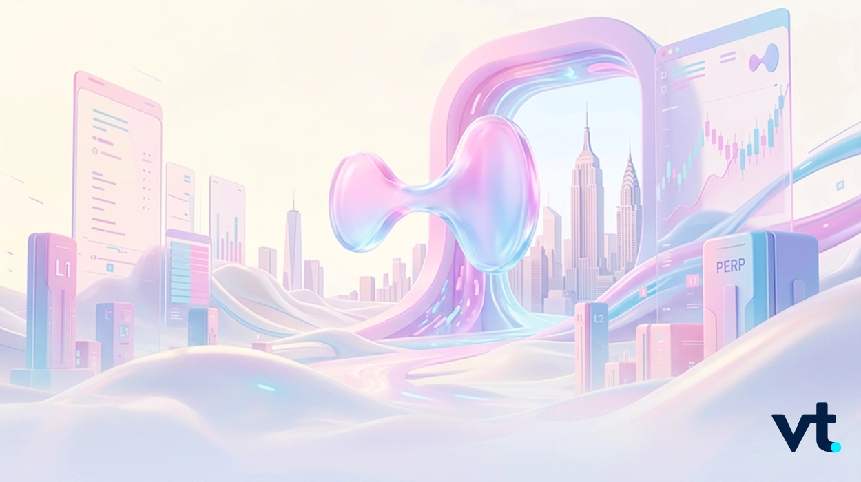 Hyperliquid VT Markets Pastel futuristic cityscape with holographic screens and a large glossy abstract shape VT logo bottom right