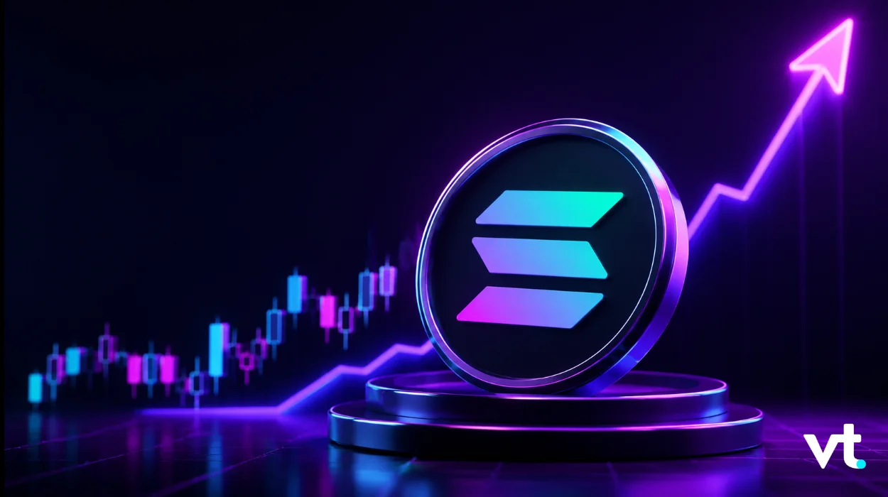 Neon Solana coin on a pedestal with a rising purple blue chart vt watermark bottom right