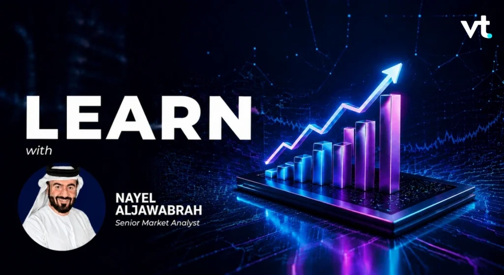 Video thumbnail Learn with Nayel Aljawabrah Senior Market Analyst graphic of a rising bar chart on a tablet with a bluepurple glow