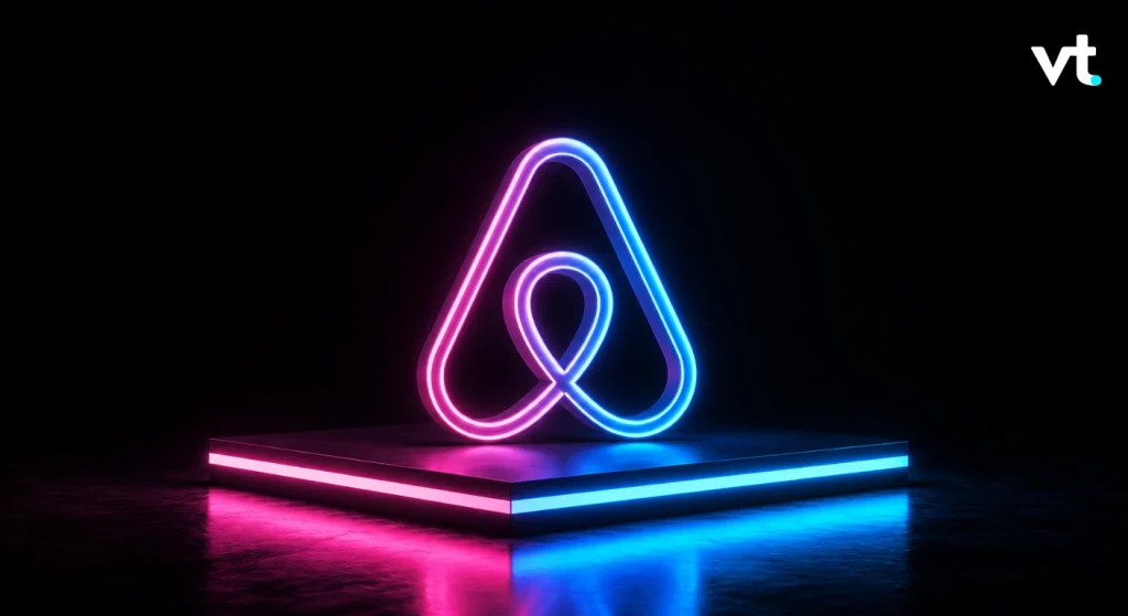 Neon pink and blue abstract loop sculpture on a raised platform with a dark background