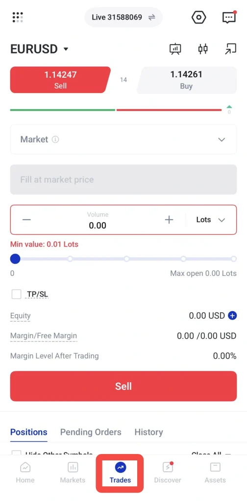 image 16 VT Markets Trading app screen for EURUSD red Sell button showing 114247 on left and gray Buy area showing 114261 on right with marketvolume controls slider for min 001 lots and a bottom navigation with Trades highlighted