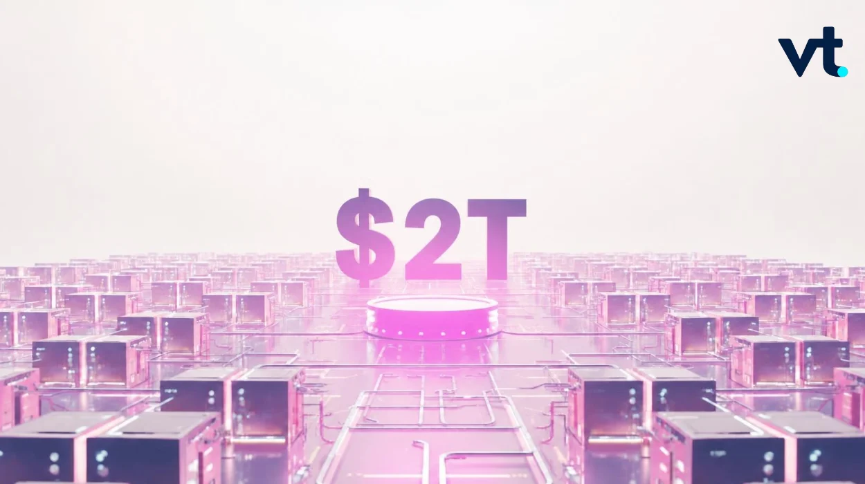 Anthropic2T VT Markets Large pink $2T symbol hovering above a futuristic data center of pink toned server racks VT logo in the top right corner