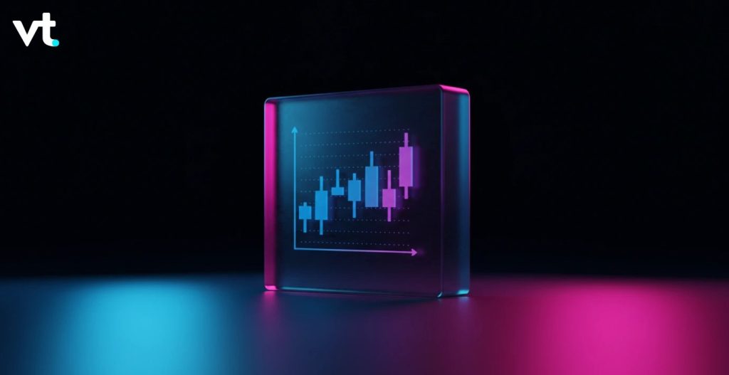 Copy of discover VT Markets Neon lit glass cube on a dark background showing a blue and pink candlestick stock chart with a VT logo in the top left corner