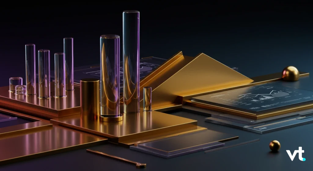 Abstract arrangement of gold and iridescent metallic plates cylinders and glass tubes on a dark surface with a blueprint sheet and a VT logo in the corner