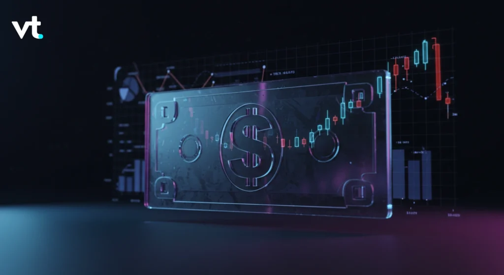 Copy of discover 3 VT Markets Digital vault iconography a glowing safe with a dollar symbol overlaid by stock charts and trading data in neon blue and pink hues VT logo in corner