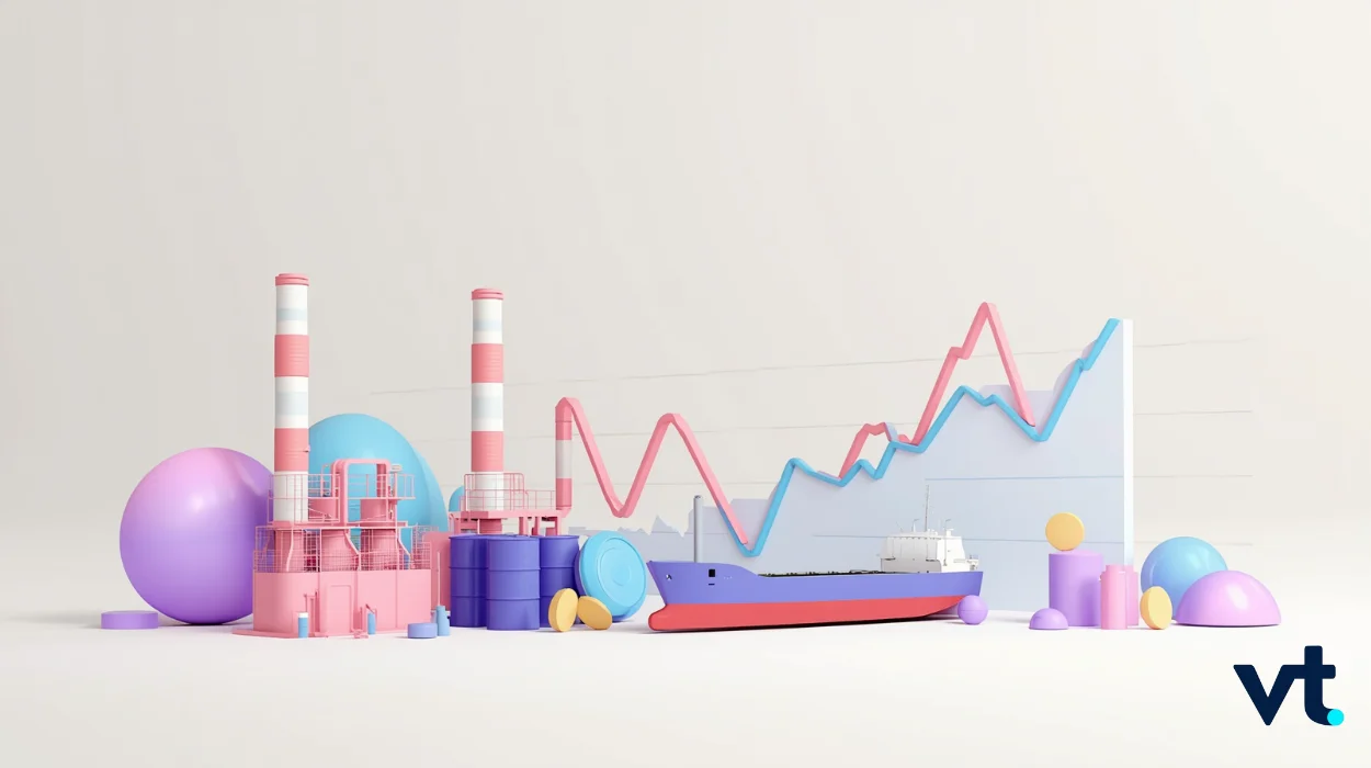 DieselFuelCrunch VT Markets Colorful 3D scene of a cargo ship at a port with factories spheres and a rising trend line representing industrial logistics