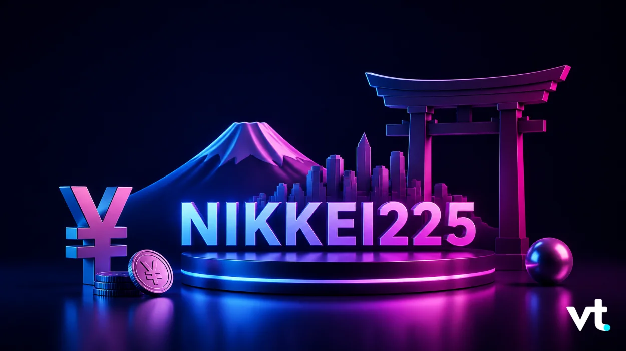 Neon 3D scene showing NIKKEI225 with Mt Fuji a torii gate coins and a city skyline in blue pink hues vt logo in corner