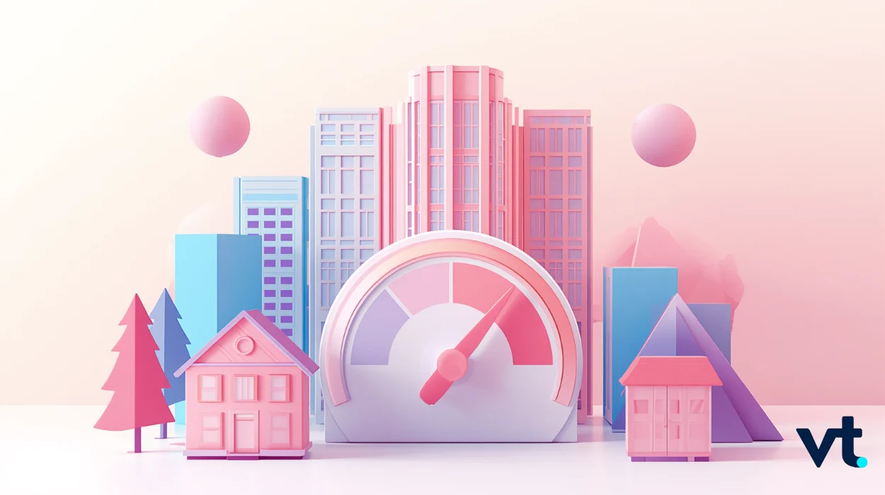 Pastel city skyline with a large speedometer in the center symbolizing performance