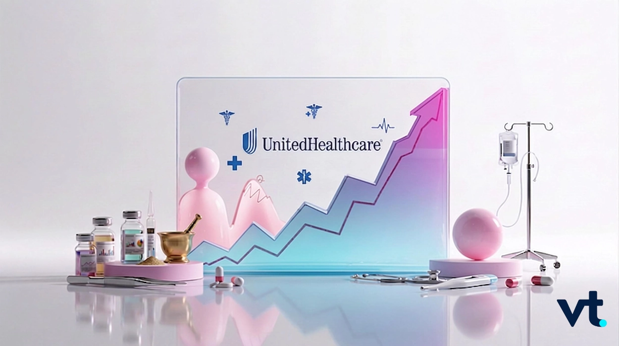 UHC VT Markets UnitedHealthcare branding with a rising data graph and medical props signaling healthcare growth and innovation