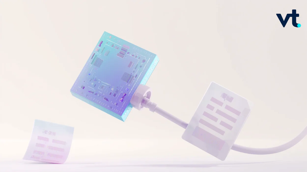 AICHIPSFINANCING VT Markets Blue circuit board connected to a white plug on a pale background with a VT logo