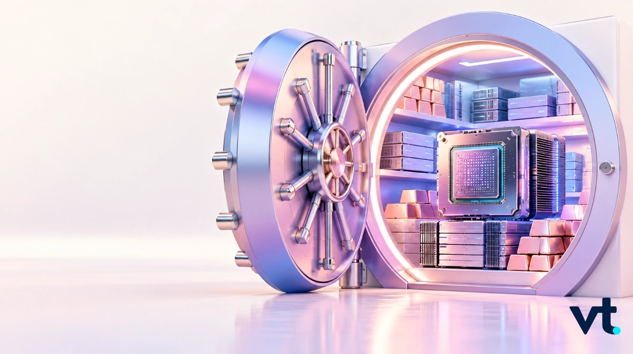 Open high security vault revealing server hardware and stacked metal bars with a VT logo in the corner