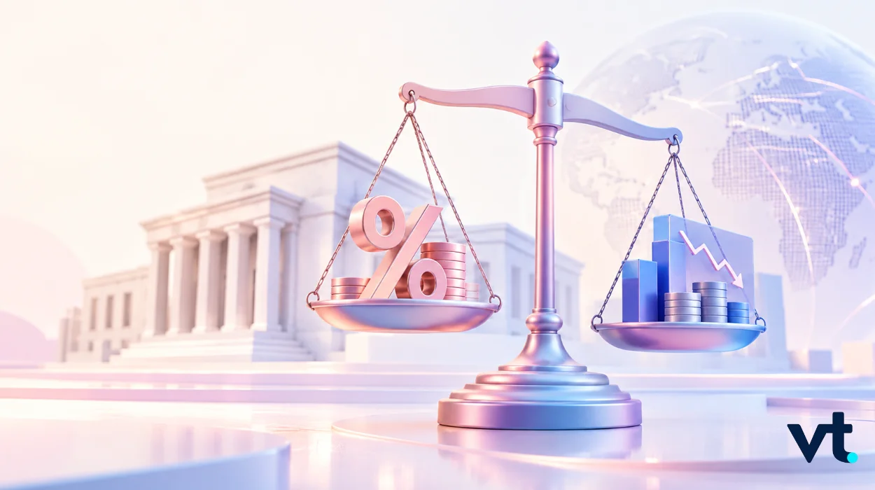 BankEarnsQ4 VT Markets Balance scales with a percent sign and coins on the left and a bar chart on the right a globe and government building in soft pastel tones in the background VT logo bottom right