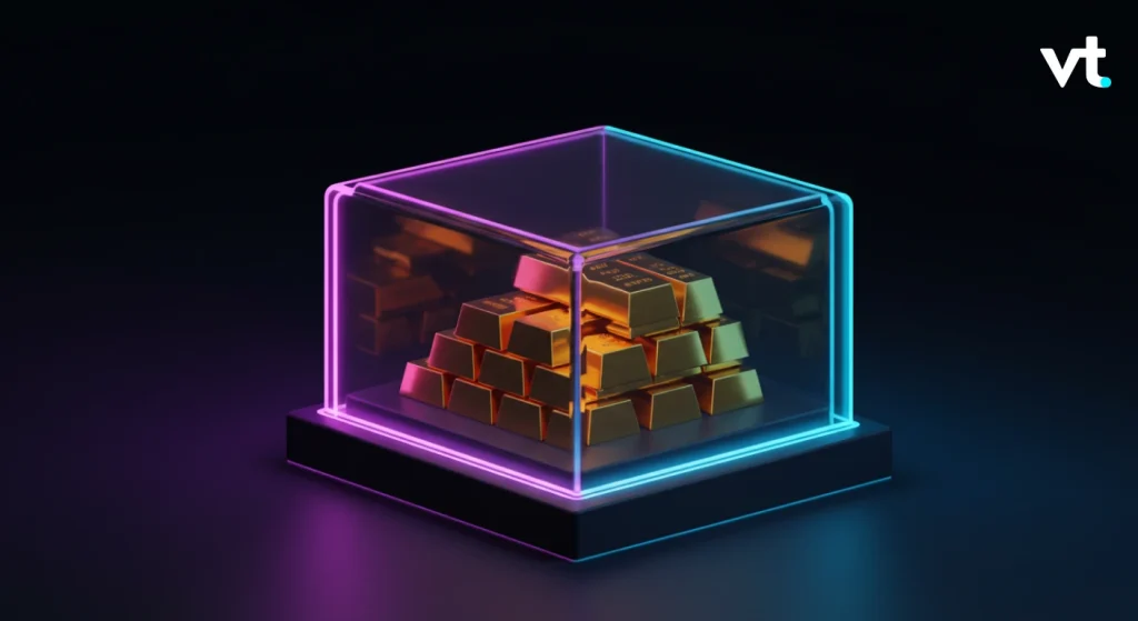 Copy of discover 12 VT Markets Neon lit glass case containing a stack of gold bars against a dark background with a VT logo in the top right corner