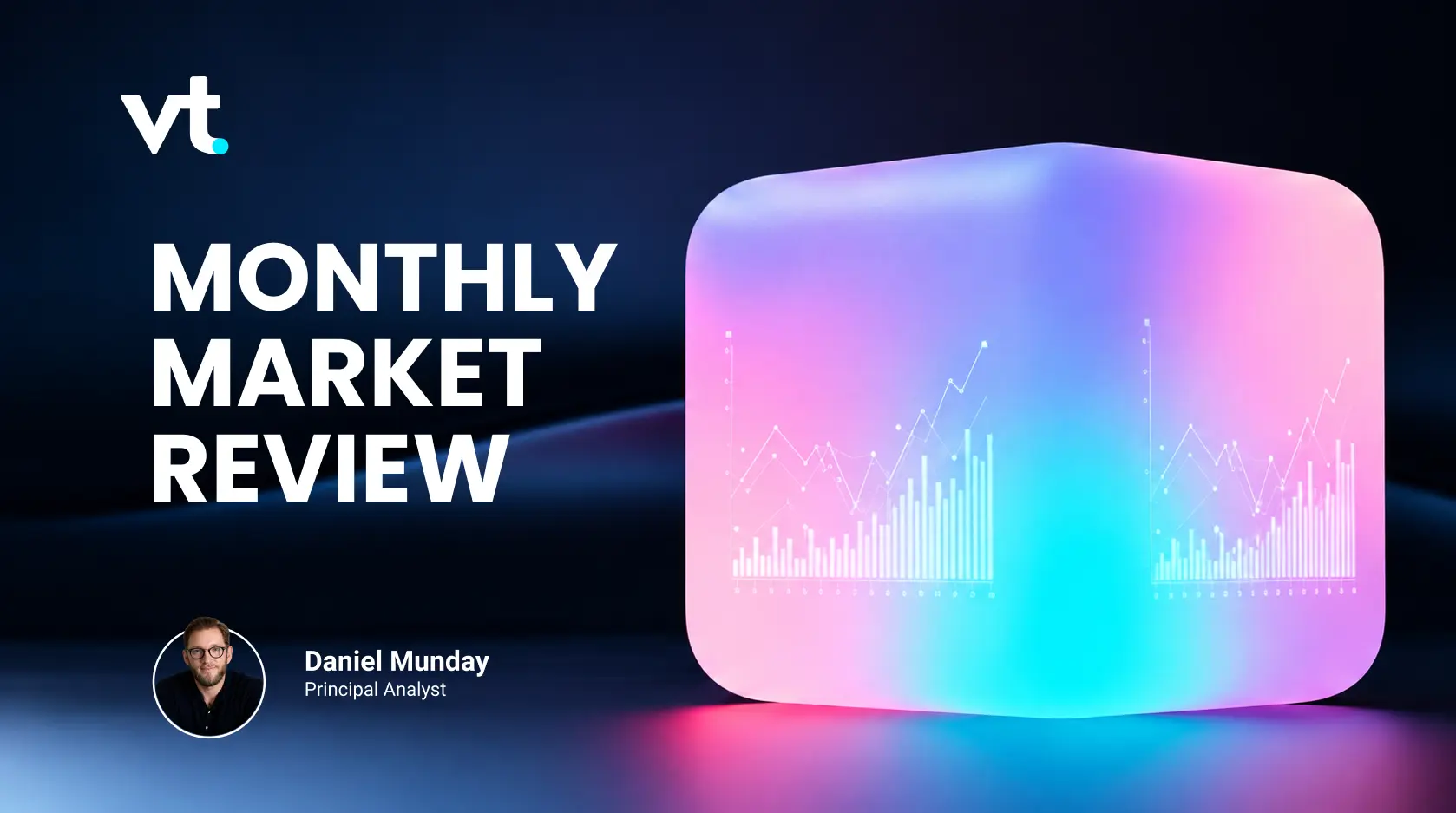 Monthly Market ReviewDaniel VT Markets Cover slide for Monthly Market Review with VT logo bold title on the left a colorful rounded chart panel on the right and Daniel Mundays portrait with the title Principal Analyst at the bottom left