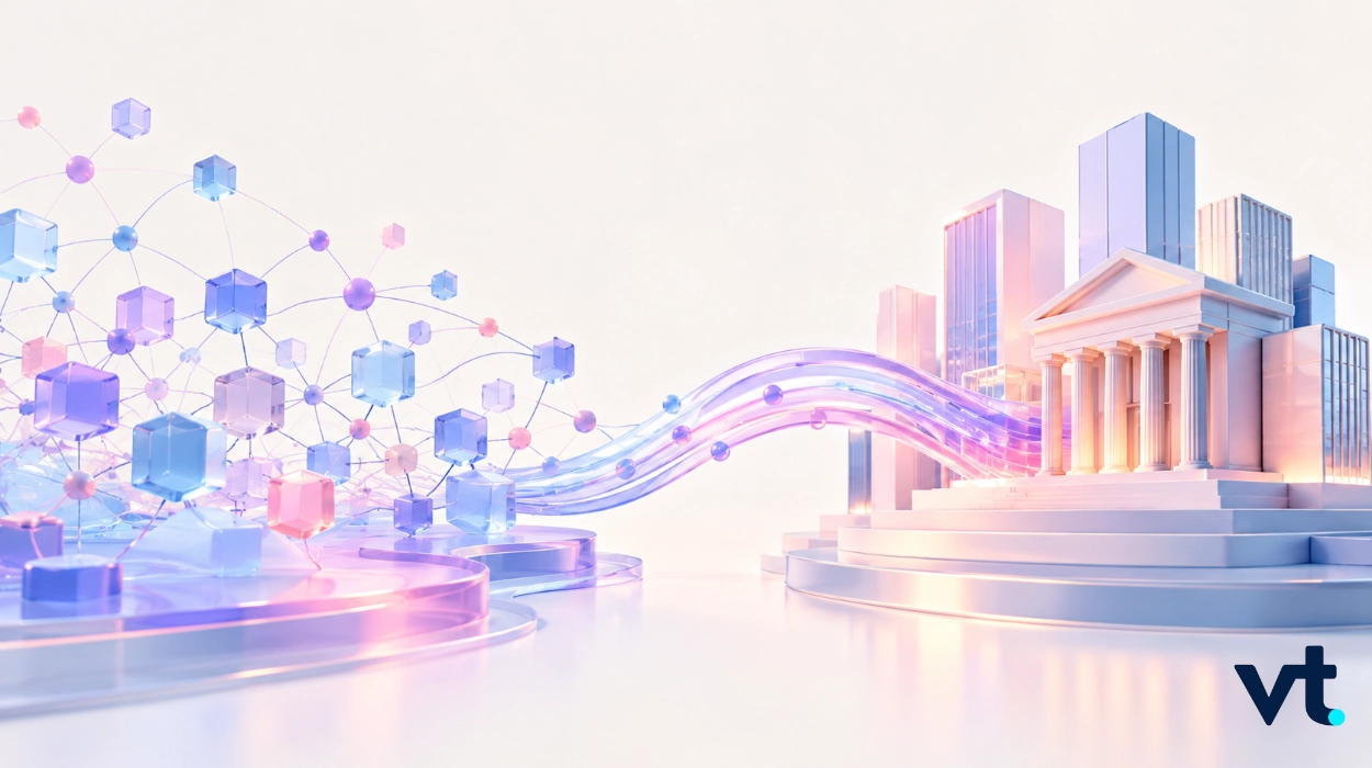 Abstract futuristic network of blue and pink cubes connected by lines flowing toward a neoclassical government building VT logo bottom right