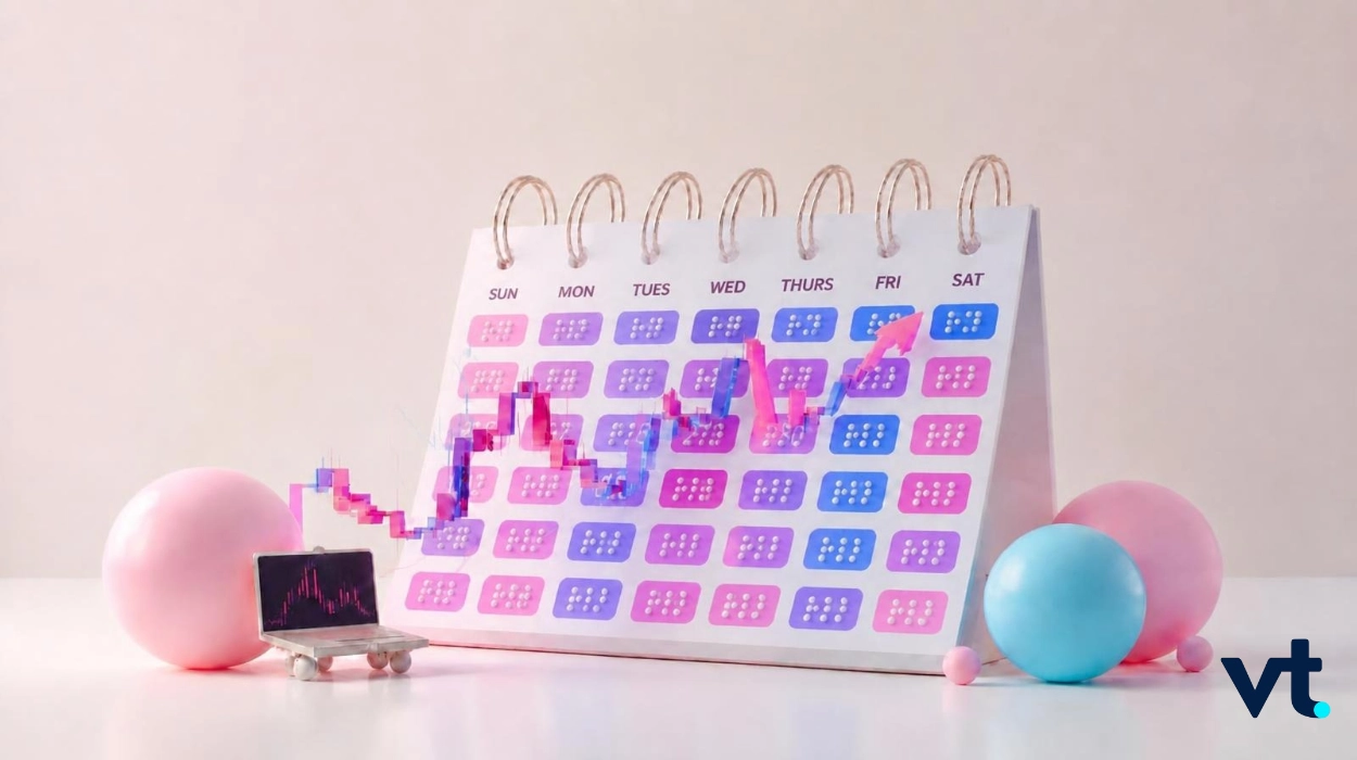 WeekendTrading VT Markets Calendar with pinkblue grid and a pinkblue stock chart overlay surrounded by balloons and a small laptop displaying a chart VT logo bottom right