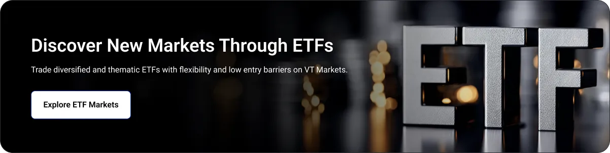 Dark hero banner promoting ETFs with the headline 'Discover New Markets Through ETFs' and a white 'Explore ETF Markets' button, ETF letters on the right.