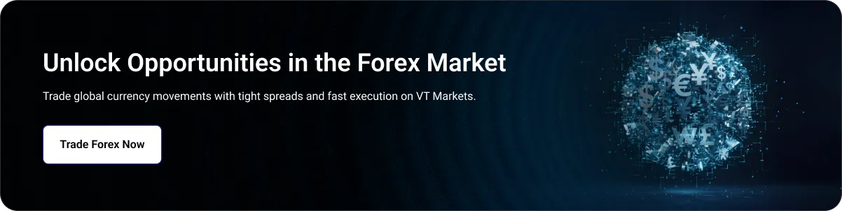 Hero banner promoting Forex trading: headline 'Unlock Opportunities in the Forex Market', subheading about tight spreads and fast execution on VT Markets, with a white 'Trade Forex Now' button and a glowing globe made of currency symbols on the right.