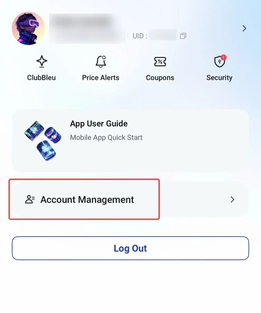 image 13 VT Markets Mobile app settings screen with Account Management tile outlined in red and a Log Out button below