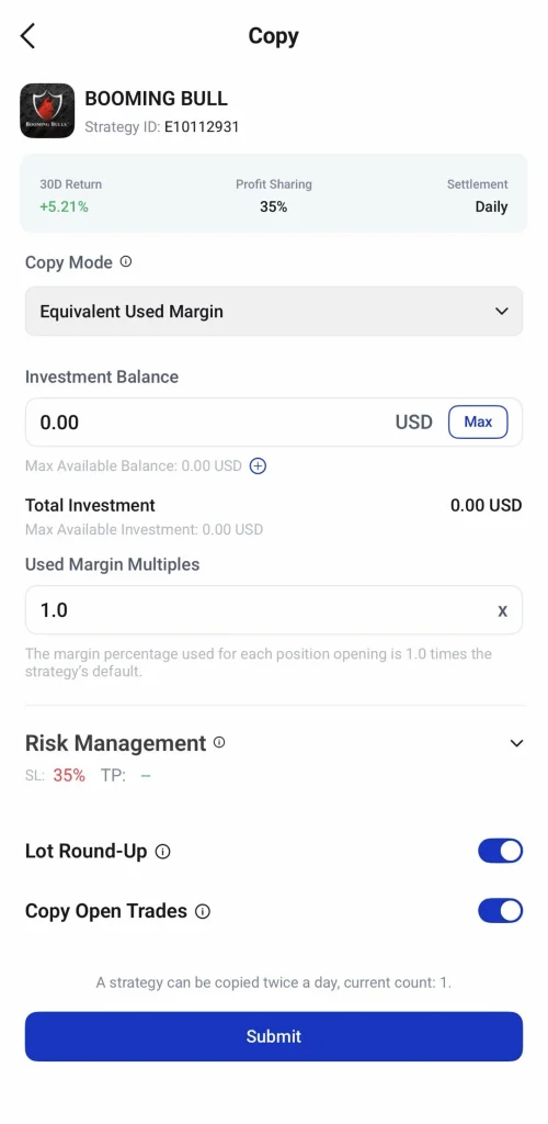 image 19 VT Markets Screenshot of a trading app Copy page for Booming Bull strategy shows performance metrics investment balance 000 USD margin settings risk management Lot Round Up and Copy Open Trades toggles and a Submit button