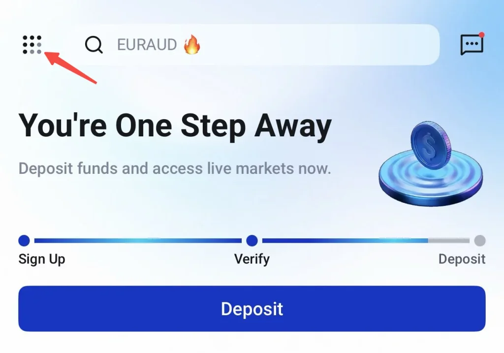 image 22 VT Markets Onboarding screen headline Youre One Step Away with Deposit funds and access live markets now and a blue Deposit button left icons coin graphic on right
