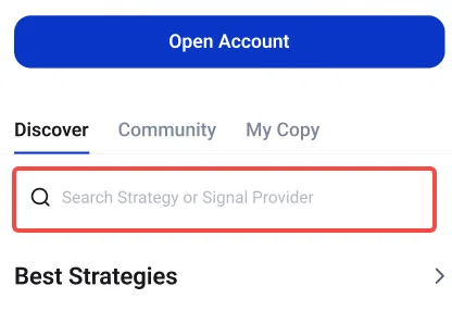 image 5 VT Markets Web app UI with a blue rounded Open Account button DiscoverCommunityMy Copy tabs and a search field labeled Search Strategy or Signal Provider