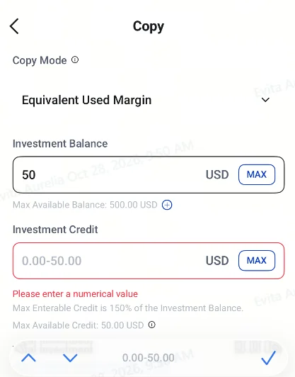 image 7 VT Markets Copy screen showing Equivalent Used Margin section with Investment Balance set to 50 USD and an error under Investment Credit field Please enter a numerical value