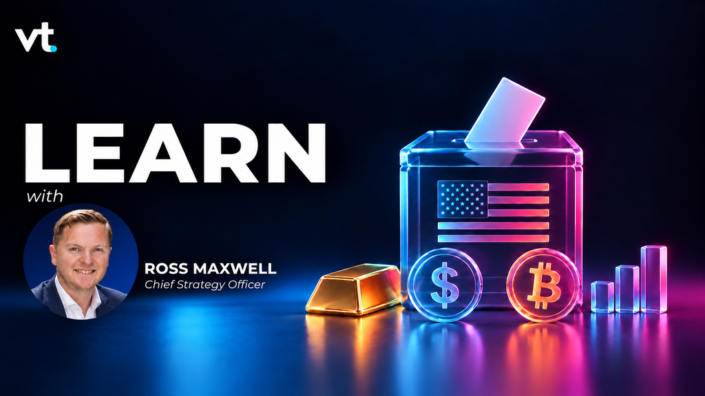 image VT Markets Banner for Learn with Ross Maxwell Chief Strategy Officer featuring neon financial graphics vault US flag gold bar dollar and Bitcoin and Ross Maxwells portrait in a circular frame