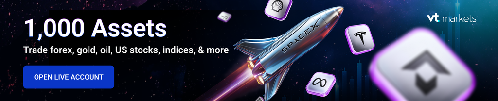 Promotional banner for VT Markets advertising 1000 assets forex gold oil US stocks indices with a rocket graphic and an Open Live Account CTA badge set against a space background