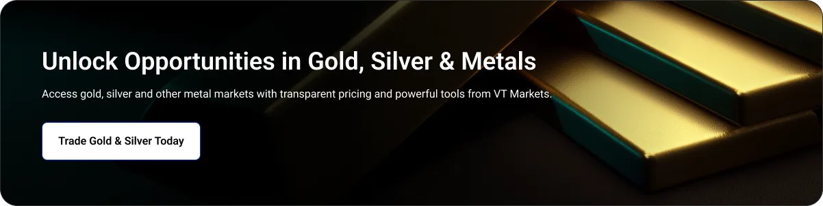 Promotional hero banner for gold, silver and metals trading with stacked gold bars on the right and a 'Trade Gold & Silver Today' button on the left.