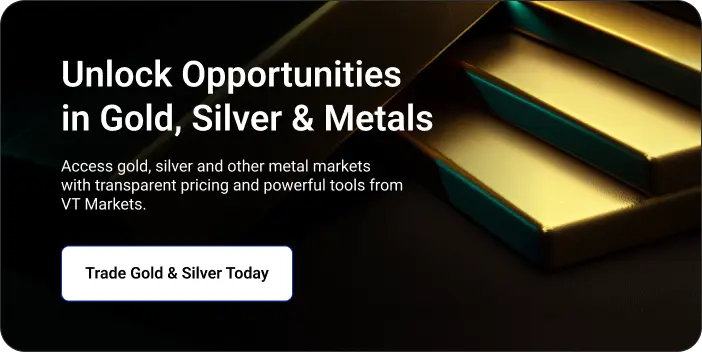 Marketing hero promoting gold, silver and metals trading with gold bars in a dark background and a CTA button reading 'Trade Gold & Silver Today'