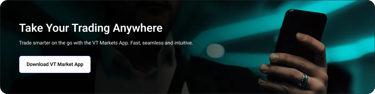 Hero banner: a person holding a smartphone in a dark teal background, promoting the VT Markets mobile trading app "Download VT Market App" button